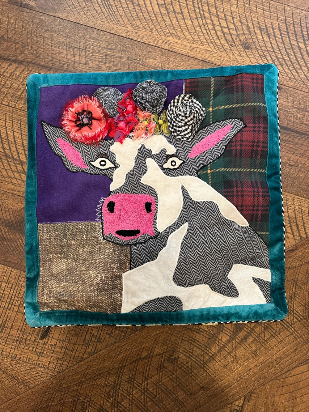 Mackenzie Childs FRIDA COW PILLOW Cover Courtly Check Back Artsy Beaded Colorful